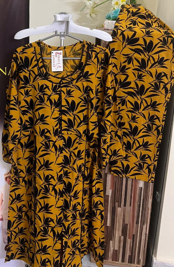 Sunny Elegance – Yellow & Black 2pc with Black Leaf Koti