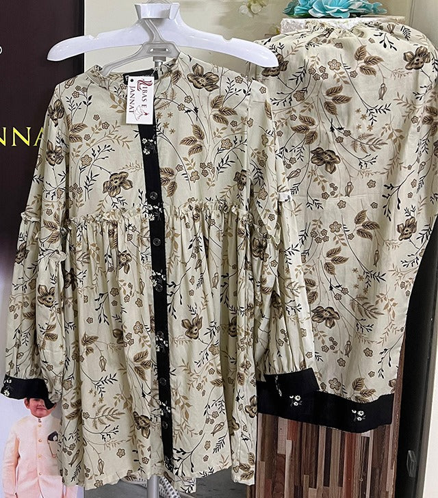 Autumn Breeze – Cream White Frock 2pc with Leaf & Floral Print (Lawn)