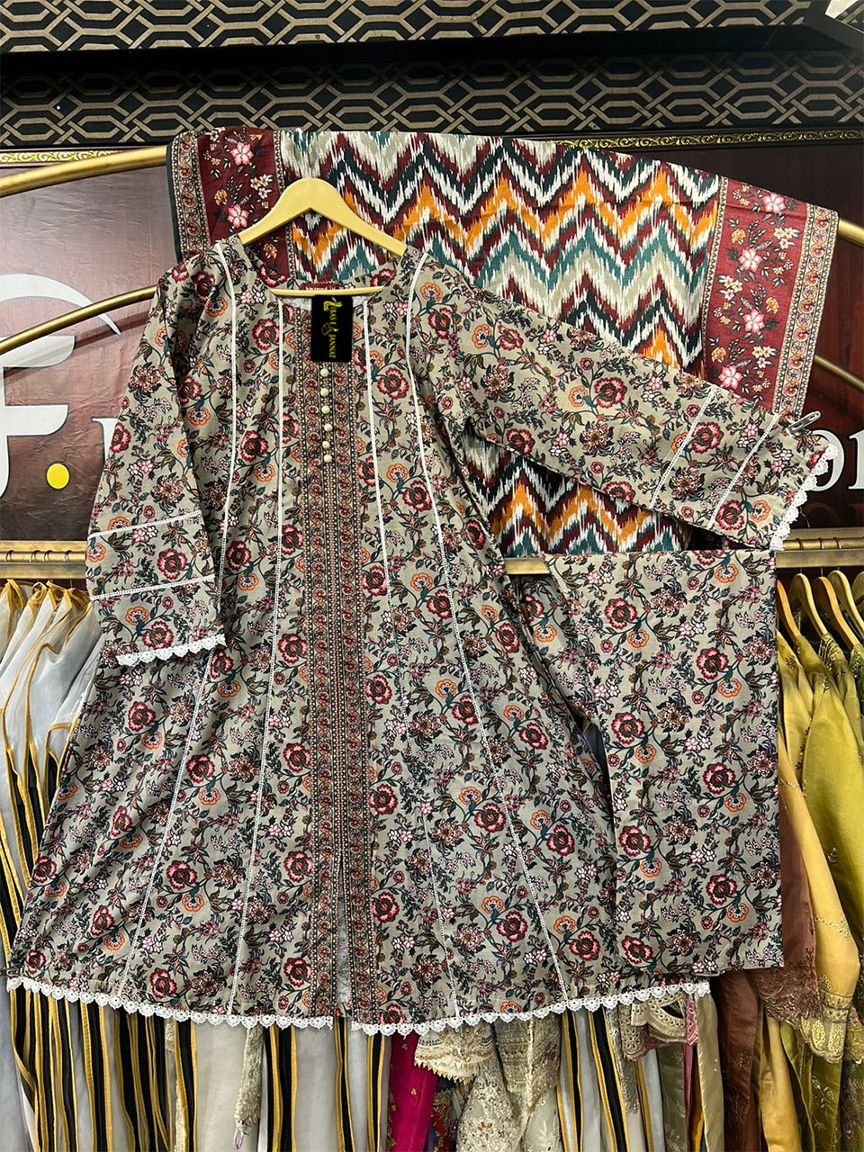 Beige Floral Printed Khaddar 3-Piece