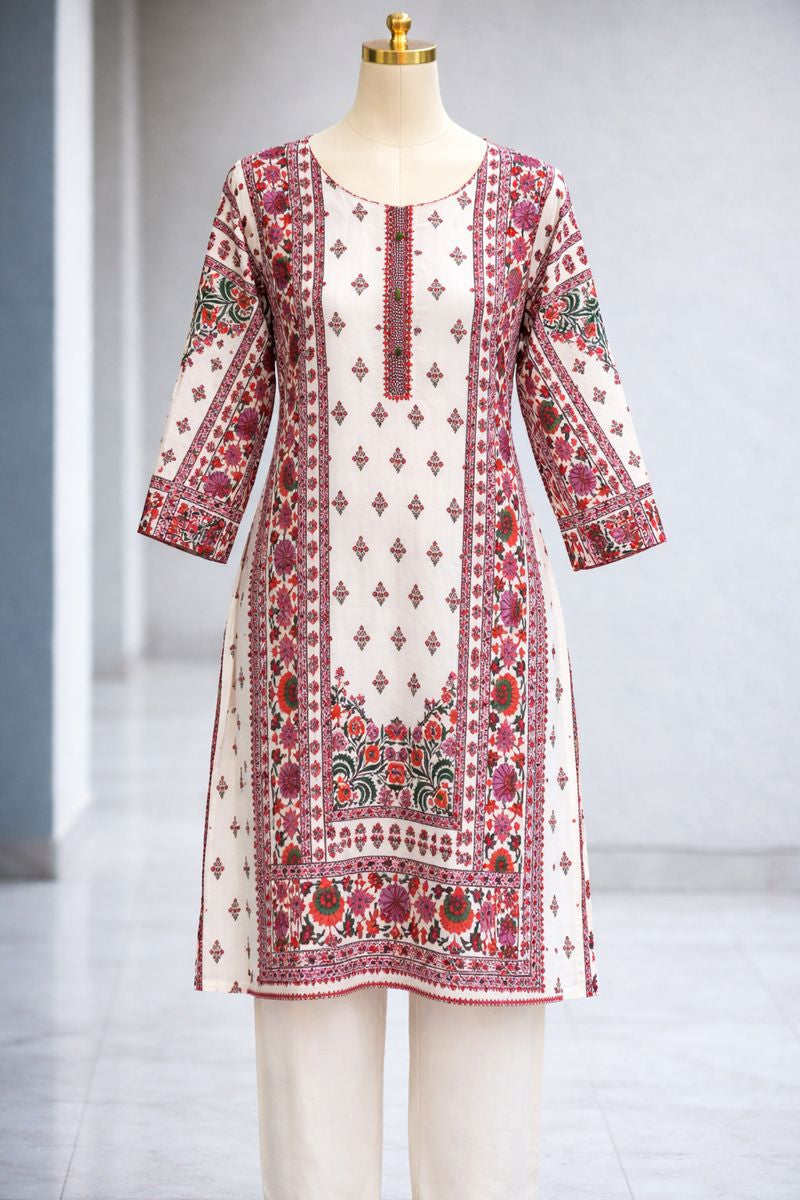 Classic White Floral Embroidered Kurta