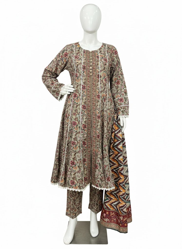 Beige Floral Printed Khaddar 3-Piece